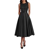 Caodip Sparkly Sequin Wedding Guest Dresses for Women Tea Length A Line Evening Gown Satin Midi Elegant Prom Dress