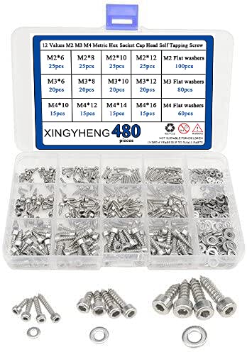 BGTXINGI 480Pcs 12 Values M2 M3 M4 Metric Hex Socket Cap Head Self Tapping Screw with Flat Gasket Washers Assortment Kit