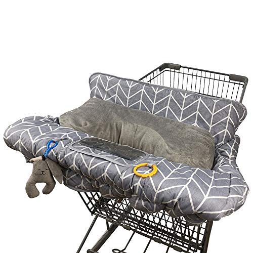 Shopping Cart Cover for Baby Cotton, Minky Bolster Positioner, 6.5" Cellphone Holder and Toy, High Chair Cover for Boy Girl,Infant Grocery Cart Cushion Liner Large Grey