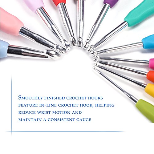 CO-Z 12pcs Ergonomic Multicolor Aluminum Crochet Hooks Multi-size Knitting Needles Set, Colorful Rubber Handle Hooks Perfect for Any Weave Patterns & Yarns Smooth Knits