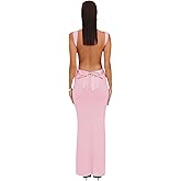 RARITYUS Women’s Elegant Satin Bow Maxi Dress Sexy Cowl Neck Backless Wedding Guest Dress Cocktail Party Evening Gown
