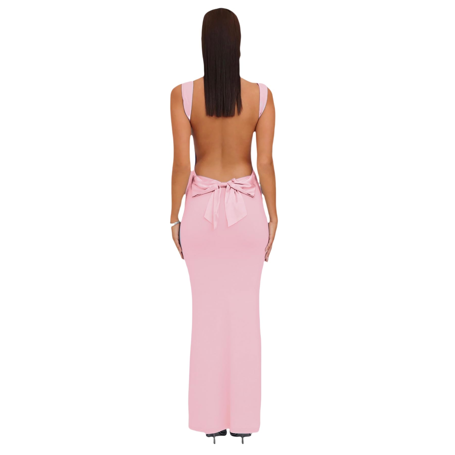 RARITYUS Women’s Elegant Satin Bow Maxi Dress Sexy Cowl Neck Backless ...