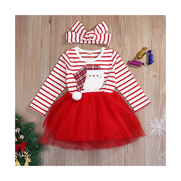 Baby Girl Christmas Outfit Toddlers Kids Santa Print Tutu Tulle Dress Long Sleeve Striped T-Shirt Dress - Image 3