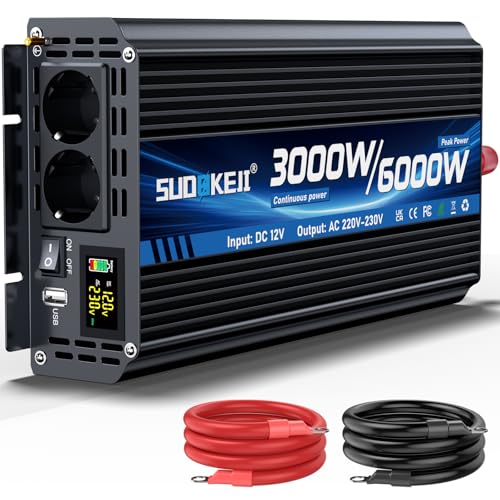 Inverter 12V 230V 3000W/6000W Modified Sine Wave Inverter Voltage Converter with 2 AC Outlets and USB and Type-C Port for Cars, Campers and Vehicles