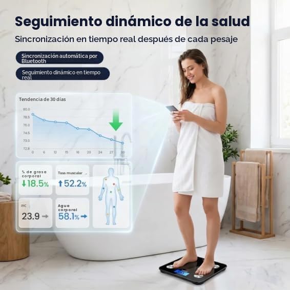 HFitness Báscula de Baño Inteligente 28×28 cm con 19 Mediciones Corporales, Báscula Digital de Grasa Corporal Bluetooth con App, IMC, Peso, Masa Muscular y Masa Ósea negra
