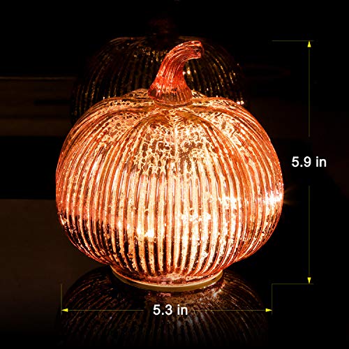 Hvfun Rosegold Thanksgiving Decorative Artificial Pumpkins-Mercury Glass Light up Pumpkin with Timer- Table Centerpieces for Home Decor