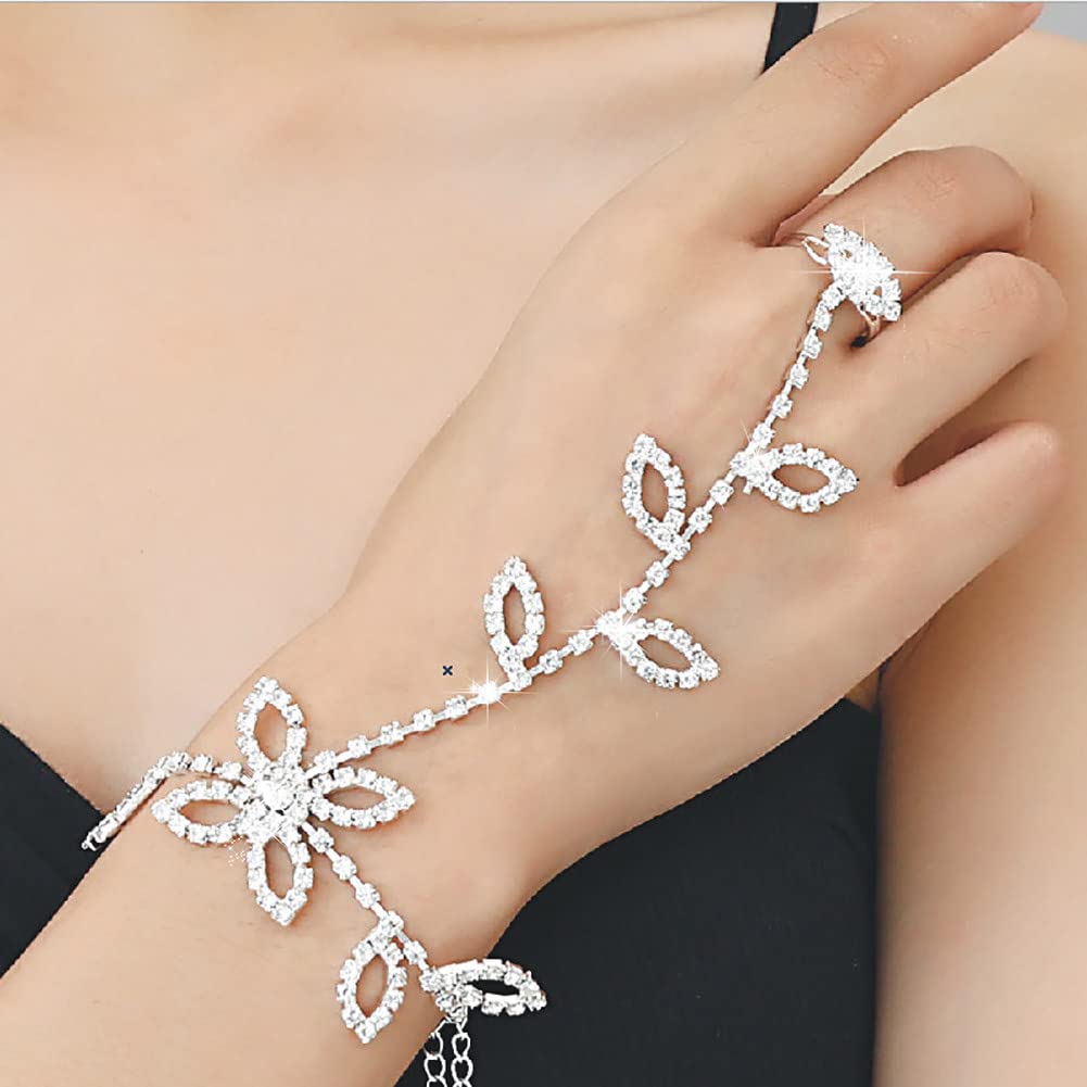 Carufin Bridal Wedding Leaf Ring Bracelets Silver Anklet Hand Harness Bangle Finger Rings Hand Accessories for Women and Girls