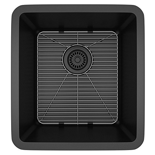 16" x 18" Quartz Kitchen Sink, Single Bowl Sink, Drop-in Sink, Undermount Sink, Granite Kitchen Sink, Metallic Black Kitchen Sink, with Steel Grid and Basket Strainer, Lexicon Platinum LP-1618-K