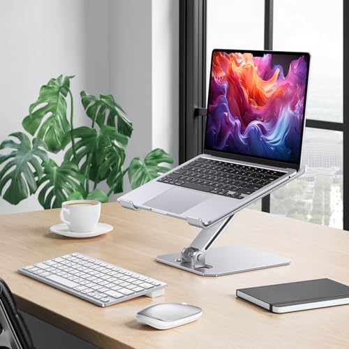 OMOTON Aluminium Laptop Stand, Height Adjustable, Ergonomic Foldable Notebook Stand, Laptop Holder for Laptops such as MacBook Pro/Air (11-16 Inches), Silver