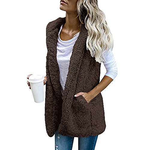 ShenPourtor_Womens Coat Women Fur Vest Sherpa Fleece Sleeveless Hooded Jacket Zipper Hoodie Outwear (Coffee, XL)