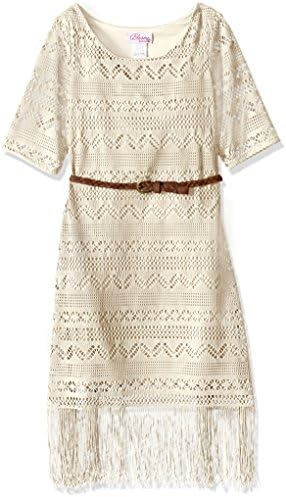 Bloome Big Girls' Aztec Crochet Knit Fashion Dress with Fringe Hem and Braided Belt, Ivory, 10