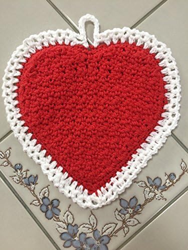 Crocheted Textured Red and White Heart Potholder Valentine's Day 100% Cotton