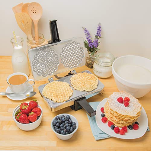 Pizzelle Maker- Polished Electric Baker Press Makes Two 5-Inch Cookies at Once with Recipe Guide- Fun Baking Party Supplies- Italian Waffle Dessert Treat Making Made Easy- Housewarming Gift for Her