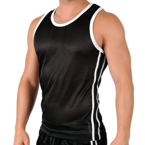 Mens Black Shiny Breathable Mesh Performance Athletic Workout Tank Top by Gary Majdell, Black, Sport Size Large