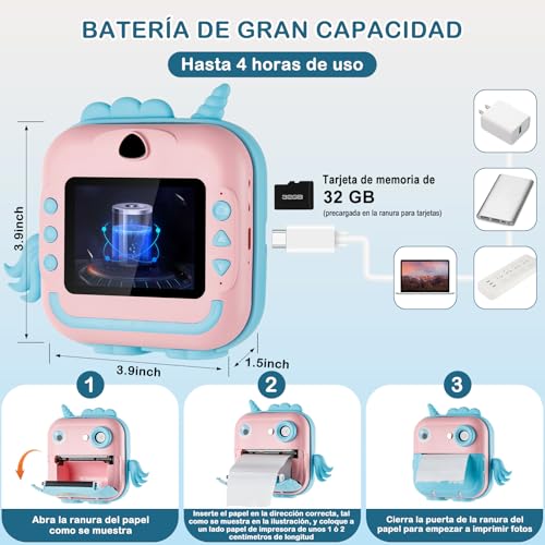 Camara para Niños, 48MP HD Cámara de Impresión Instantánea con Tarjetas de 32G y 5 Rollos de Papel Térmico, Camara Fotos Infantil Instantanea para Niños de 3 a 12 Años, Regalo de Cumpleaños, Navidad