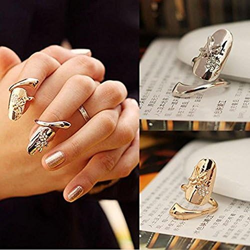 2X Personality Dragonfly Flower Shiny Rhinestone Finger Tip Nail Ring(gold,silver)