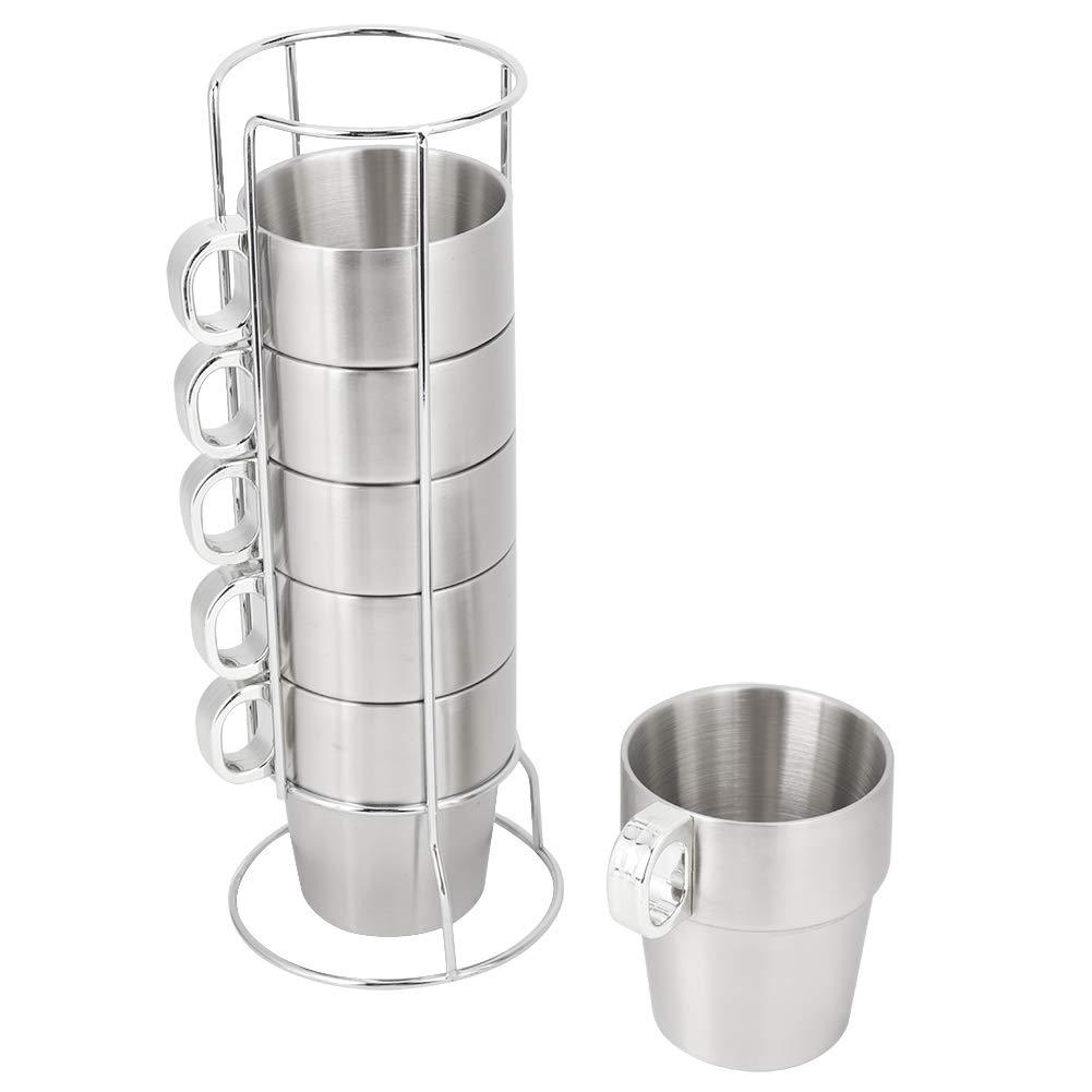 Oumefar 6 Piece Stainless Steel Cup Set Double Layer Anti Scald Metal Cup Reusable Stackable Water Cup Coffee Tea Mug Drink Cup Set with Cup Holder Stand
