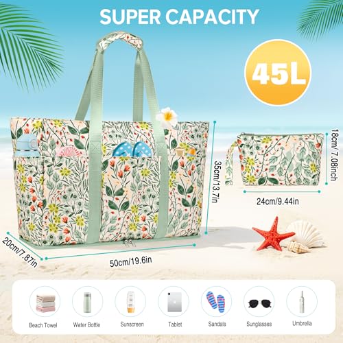 LUROON Large XXL Family Beach Bag with Zip, Waterproof, Women's Beach Bag, Foldable, Shopper, Beach Bag for Travel, Shopping, 50 x 35 x 20 cm, green