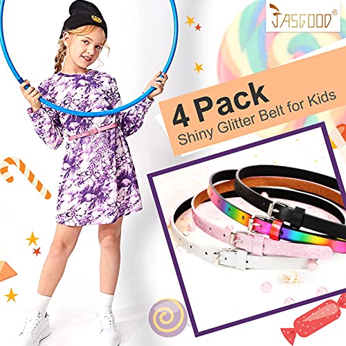 4 Pack Kids Belt Fashion Glitter Belt, JASGOOD Cute Shiny PU Leather Belt for Girls and Boys.