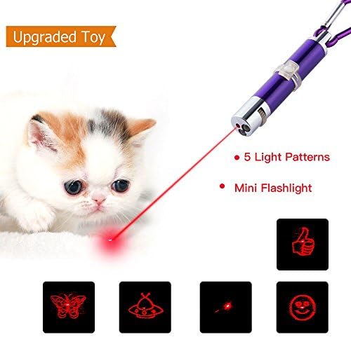 Cat Catch LED Light 5 in 1 Multiple Funny Patterns Pussies Chase Toy Stick Interactive LED Toy Training Funny Kitten Toy Mini Flashlight Great Tool for Teasing Cat (Purple)