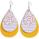Teacher Earrings for Women Pencil Print Teardrop Drop Faux Leather Earrings Hypoallergenic Lightweight Dangle Earrings Jewelry Gifts