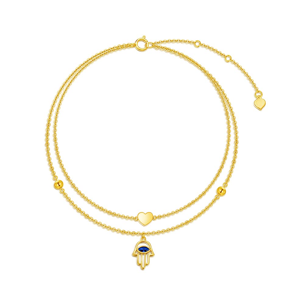 SISGEM 9 ct Gold Evil Eye Anklet, Solid Yellow Gold Beaded Layered Anklet, for Women Girls Ladies Mum Sisters, 8"+1"+1"