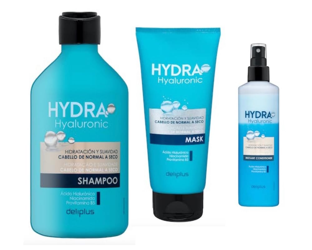 Pack 3 – Shampoo 400 ml, Mask Acond 200 ml, Acond Inst 250 ml. Hydra Hyaluronic Hair from Normal to Dry with Hyaluronic Acid, Niacinamide and Provitamin B5. Deliplus