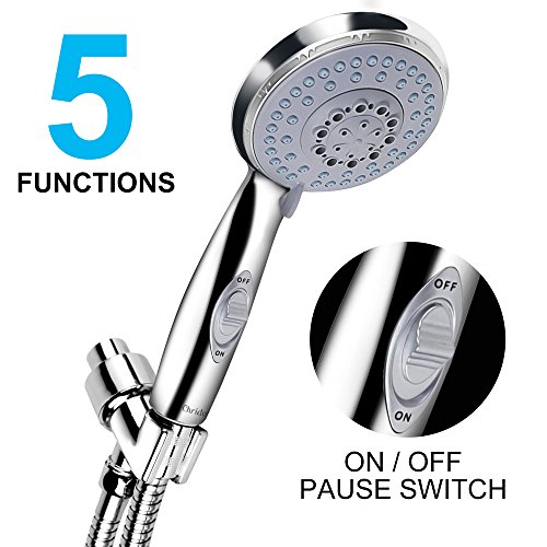 Chrider Handheld Shower Head with Hose, 5 Spray Setting Hand Held Shower Head with Pause Switch, 4.3" High Pressure Showerhead, 60" Extra-long Hose and Adjustable Bracket,Chrome Handle Finish - Thumbnail 7
