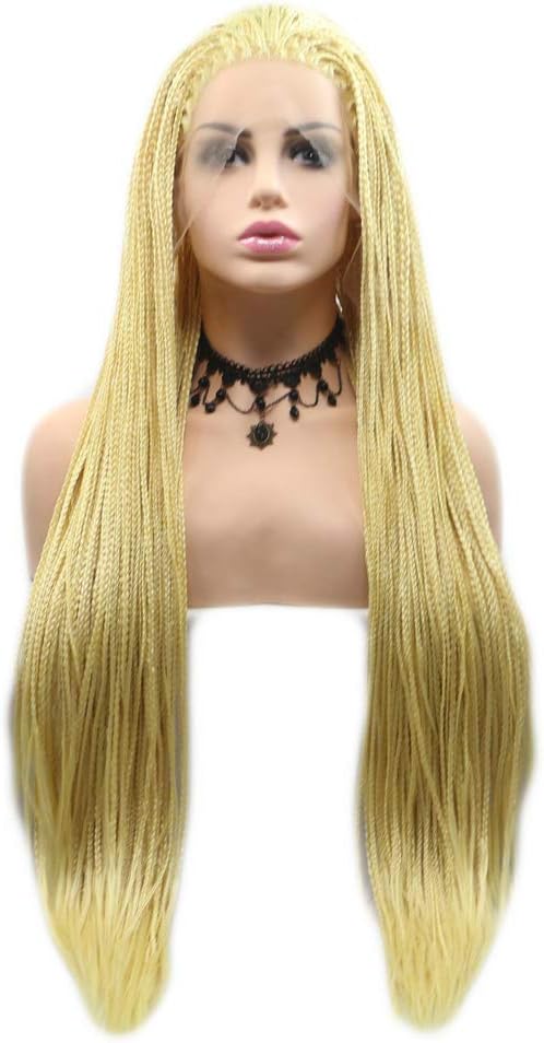 Long Yellow Wig Afro America Box Braided Wigs Heat Resistant Synthetic Lace Front Wigs for Women Lady Cosplay Daily Party 26inches
