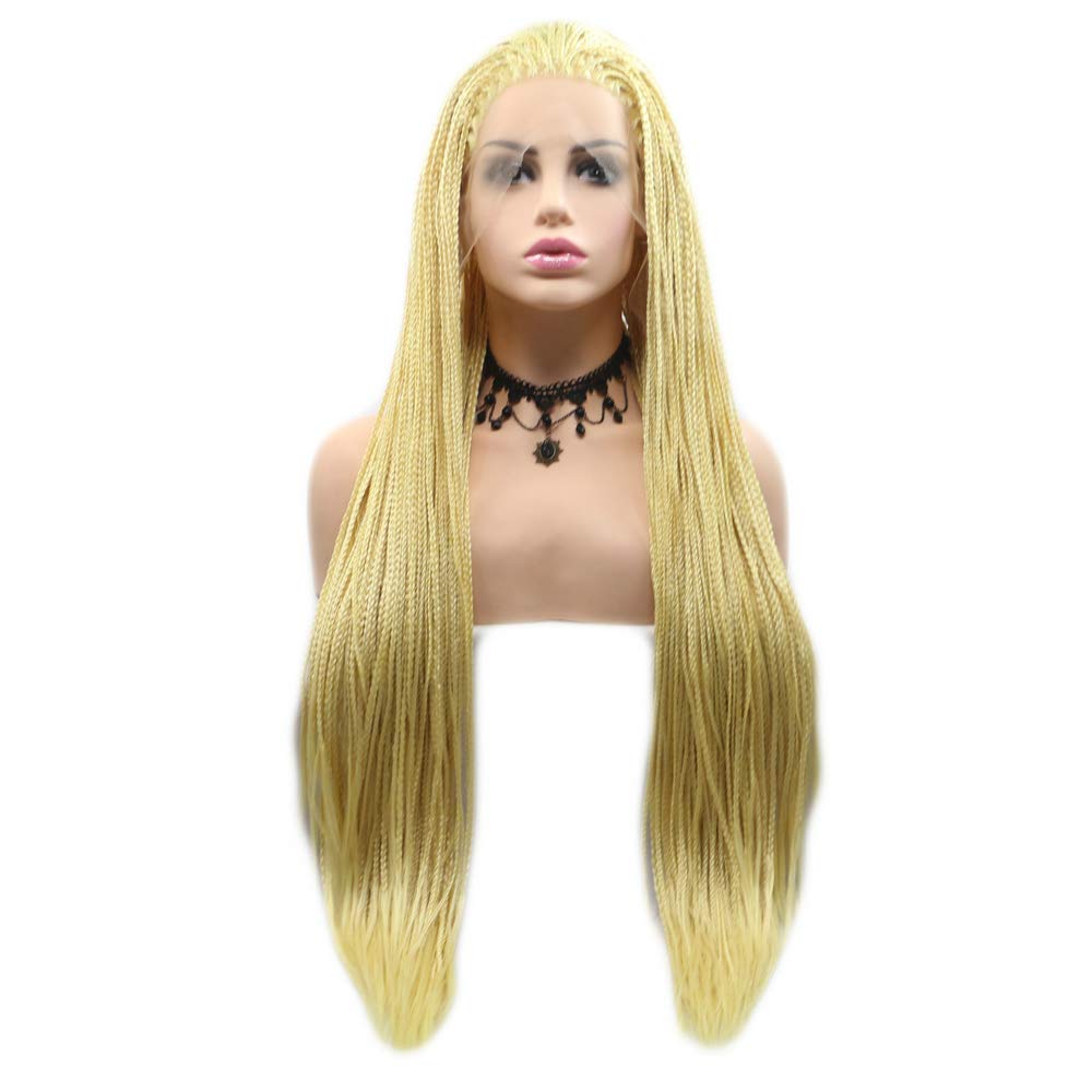 Long Yellow Wig Afro America Box Braided Wigs Heat Resistant Synthetic Lace Front Wigs for Women Lady Cosplay Daily Party 26inches