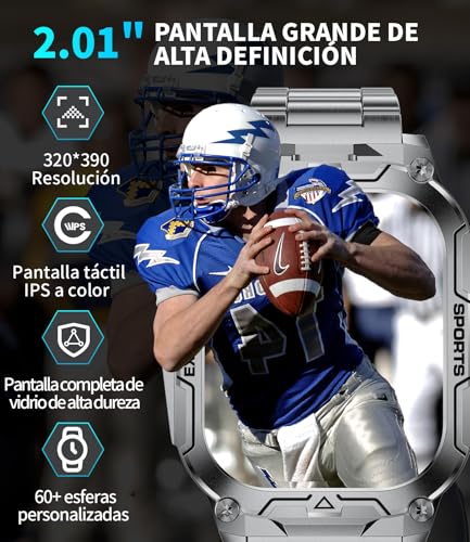 Reloj inteligente militar para hombre con batería de 1000 mAh/función de teléfono, pantalla grande de 2,01 pulgadas, reloj de fitness con frecuencia cardíaca/monitor de sueño/200+ modos deportivos