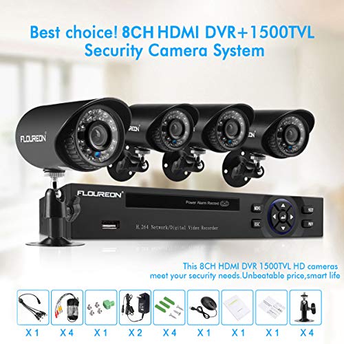 FLOUREON 8CH Home Security Camera System Outdoor DVR 720P 4PCS HD-AHD Camera 5 in 1 Digital Video DVR CCTV Recorder (HDD Not Included)
