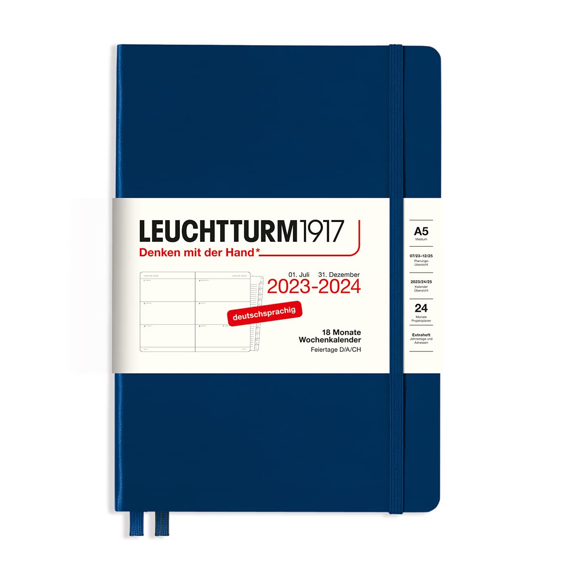 LEUCHTTURM1917 367597 Weekly Planner Medium (A5) 2024, 18 Months, Navy, German