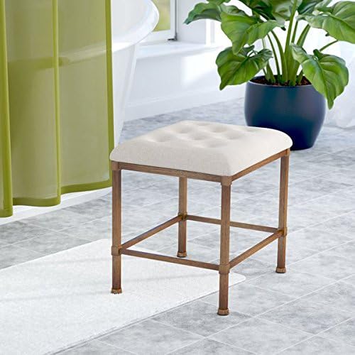 Backless Vanity Stool Cushion is Accented in an Oatmeal-hued Fabric Metal Construction Golden Bronze Finish Upholstery Color is Cream