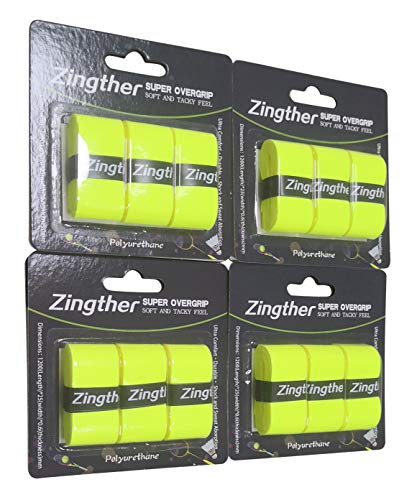 Zingther Premium Super Tacky Professional Grip Overgrip Tape Bulk Bundle Pack for Tennis Racket, Squash Raquet, Badminton Racquet, Racquetball Racket & Pickleball Paddle (Neon Lime Yellow, 12 Grips)