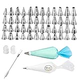 62 Pieces Cake Decorating Supplies Kit with 48 Pieces Numbered Tips with Pattern Chart, 2 Reusable Coupler, a Cleaning Brush, a Reusable silicone bag and 10 Disposable icing bags