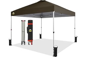 CROWN SHADES 10x10 Pop Up Canopy - Beach Tent with One Push Setup - Outdoor Sun Shade for Events, Parties, Camping - Gazebo with STO-N-Go Cover Bag, Silver Coated Top, 3 Height& 4 Sand Bags, Coffee