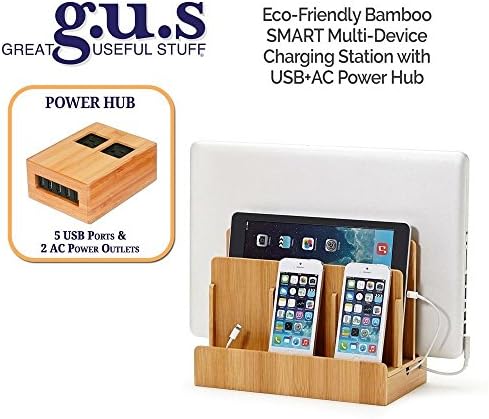 G.U.S. Multi-Device Charging Station Dock &amp; Organizer - Multiple Finishes Available. For Laptops, Tablets, and Phones - Strong Build, SMART Eco-Friendly Bamboo with USB+AC Power Hub (8A/40W)