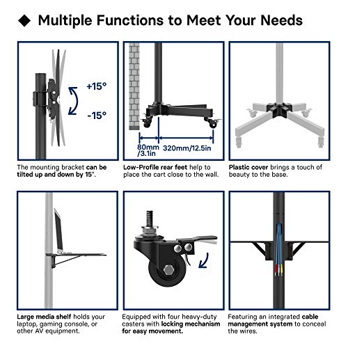 BONTEC Tilt Rolling TV Stand, Mobile TV Stand with Locking Wheels for