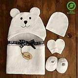 Bimboly Extra Soft Baby Bamboo & Cotton Hooded Towel + Bonus Bath Set | Antibacterial and Hypoallergenic | Keeps Baby Dry and Warm | Sized for Infant and Toddler | Baby shower Gift | Ivory