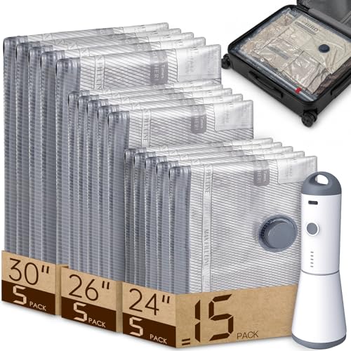 Vacbird Vacuum Bags for Travel with Rechargeable Pump, 15 Pack Carry-On Size(5L/5M/5S) Compression Packing Seal Bags for Luggage Suitcase, Space Saver for Clothing and Clothes Storage Travel