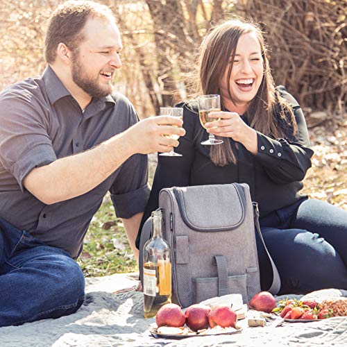 Insulated Travel Wine Tote Bag: Portable 2 Bottle Wine and Cheese Waterproof Black Canvas Carrier Bag Set with Picnic Backpack Kit (Heather Grey)