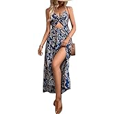 SISKIN Womens Maxi Dress Long Flowy Casual Sexy Summer Floral Beach Dresses, Spaghetti Strap Cut Out Twist Front Sundresses