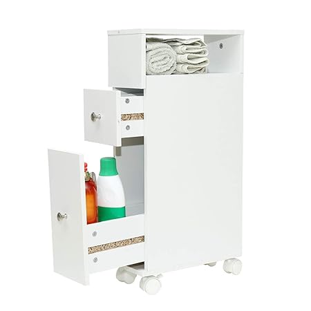 Wonderhome Weiß badezimmerschrank mit 2 Schublade?nischenregal 15 cm breit? 4 Räder(B/T/H): 33/15/65 cm