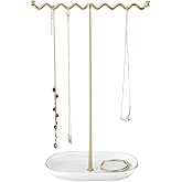 Saydear Elegant Jewelry Holder Tree Stand with Ceramic Tray - Metal Necklace Holder Organizer for Rings Bracelets Earrings - Tangle Free, Rustproof Decorative Display for Vanity Dresser Deluxe White