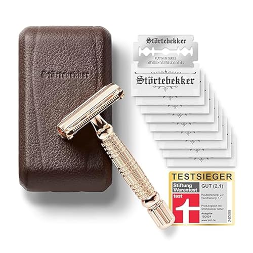 Störtebekker® Premium Rasierhobel Herren Hamburg - Rasierset mit 10 Rasierklingen & Leder-Etui - Nassrasierer Herren inkl. Reise-Etui mit Spiegel - *T