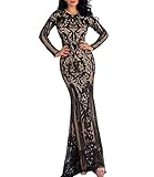 LinlinQ Women Sexy O Neck Long Sleeve Retro Sequin Maxi Gorgeous Dress