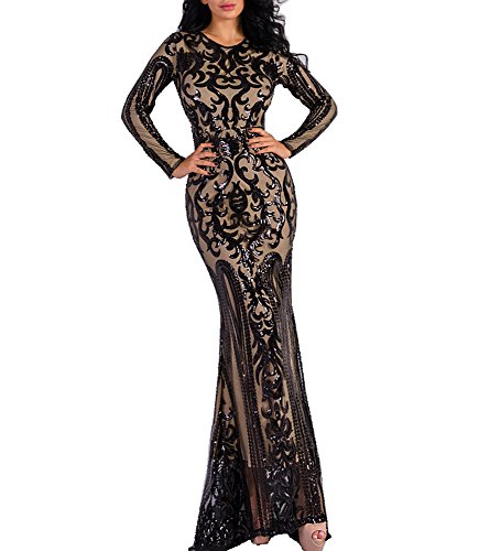 LinlinQ Women Sexy O Neck Long Sleeve Retro Sequin Maxi Gorgeous Dress