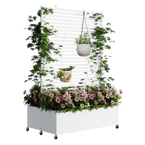 Pflanzkasten aus Metall für den Außenbereich mit Spalier, Hochbeet aus Metall mit Rad, freistehender Sichtschutz-Pflanzkasten für Blumen, Gemüse im Ga