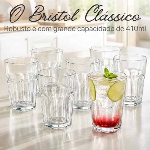 Jogo com 6 Copo de Vidro Grande Bristol Long Drink 410ml - Kit 6 Unidades - Multi Facetado - Elegante, Robusto Vidro 4mm